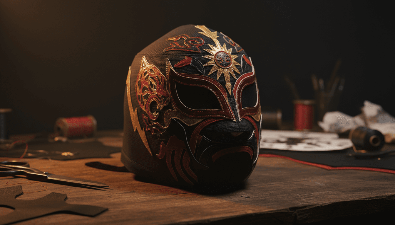 Intricately crafted lucha libre mask with red and gold detailing displayed on a crafting table with professional lighting