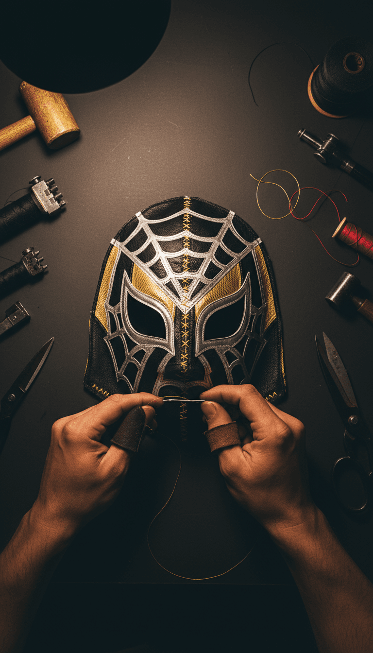 Close-up of artisan hands stitching custom wrestling mask with needle and thread