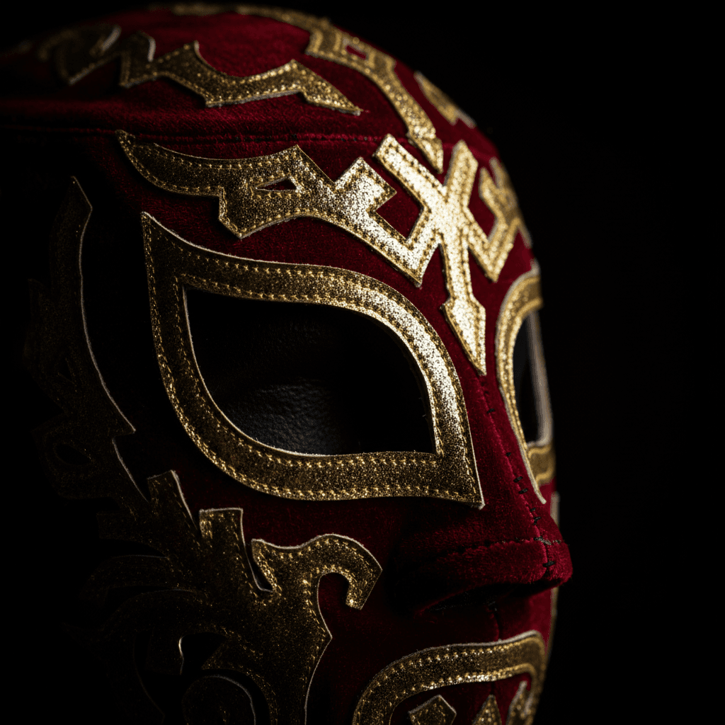 Close-up of custom red and gold lucha libre mask with intricate embroidery details